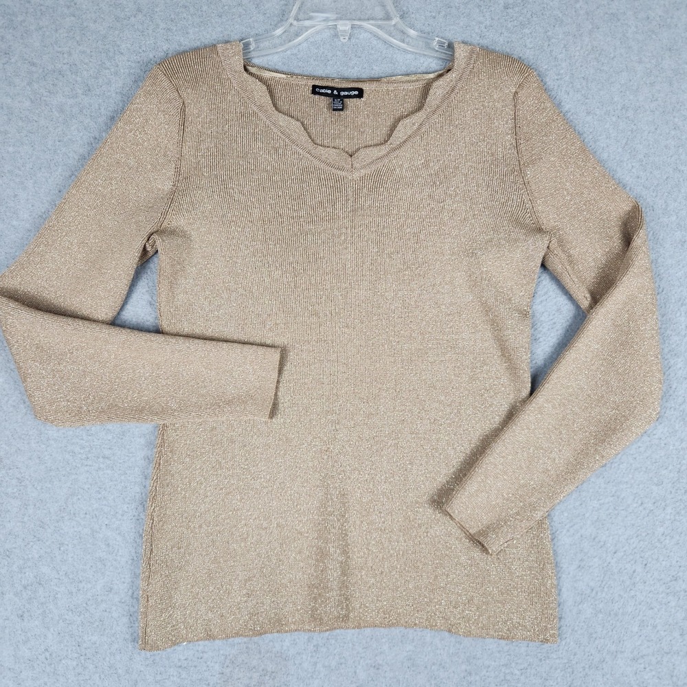 Cable & Gauge Sweater Womens Small Brown Metallic Scalloped V-Neck Ribbed Lurex